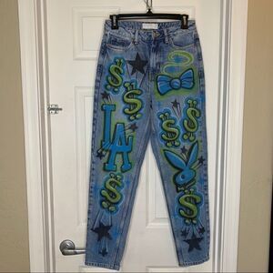 Topshop Mom Graffiti Print High Waisted Jeans Mickey Mouse, Playboy, LA
